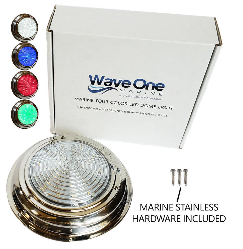 Wave One Marine Four Color 7" LED Boat Dome Light 12V RGBW RV | Stainless | Ceiling Cabin Surface Mount | WHITE BLUE RED GREEN | Use External Rocker Toggle Switch To Change Colors (External Switch) EXTERNAL Color Switching
