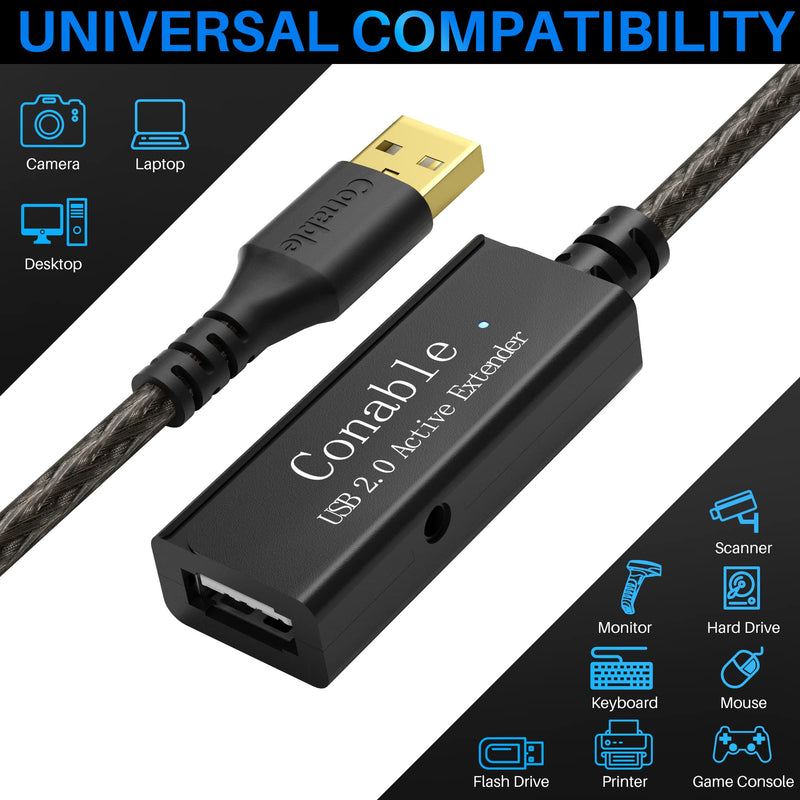 Active USB Extension Cable 50 Feet, USB 2.0 A Male to Female Cord (from 2ft to 150ft for Selection), with an Extension Chipset Signal Booster, 22AWG Tinned Pure Copper, (AC Power Supply Included) Active 50FT