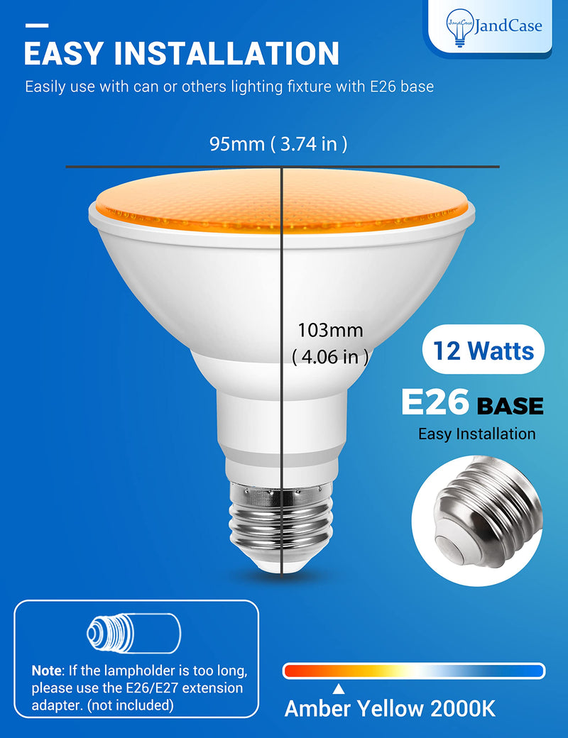 12W LED Bug Lights for Outside[4 Pack], JandCase Yellow Bug Light Bulbs Outdoor, 100Watt Equivalent, PAR30 Flood Light Bulbs for Porch, Patio, E26 Base, Non-Dimmable 4