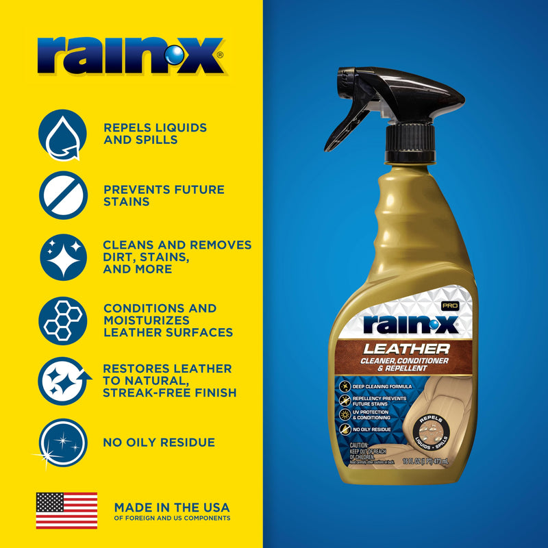 Rain-X 620236SRP Leather Cleaner Conditioner & Repellent for Car Interiors, Cleans + Repels while Moisturizing, Restores Leather to Natural, Fresh Scent without Residue 16 Fl Oz. 16 Fl Oz (Pack of 1)