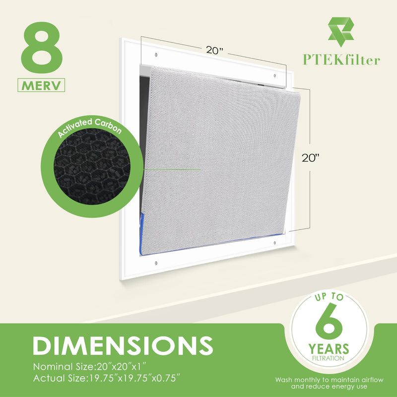 20x20x1 Washable & Reusable Air Filter with Activated Carbon Layer, MERV 8 Air Filters for AC HVAC Furnace, Machine Washable & Dryer Friendly 20" x 20" x 1"