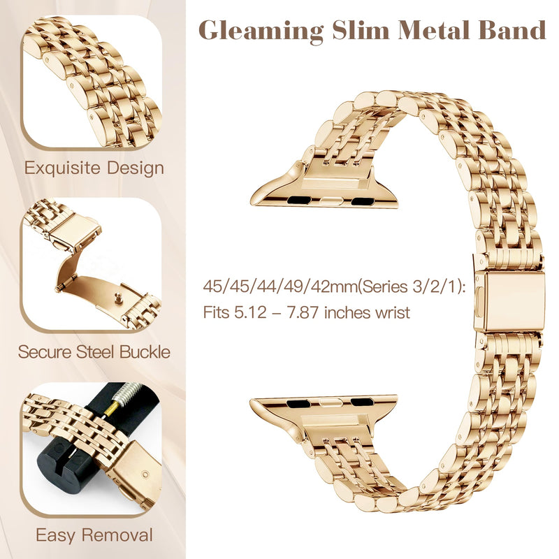 Melyis Slim Stainless Steel Band Fits Apple Watch Bands for Women 45mm 44mm 42mm(Series 3 2 1), Thin Metal iWatch Band with TPU Protective Case for Apple Watch Band Case Series 9 SE 8 7 6 5 4, Gold 42mm/44mm/45mm