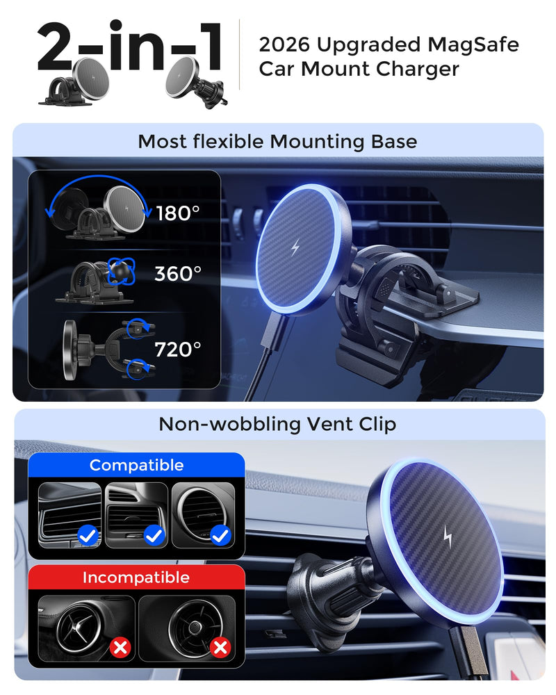 2-in-1 15W Magsafe Car Mount Charger, Magnetic Wireless Car Charger | 360° Dashboard & Air Vent Phone Mount, Phone Holders for Your Car, Car Accessories for Men Women for iPhone 17-12