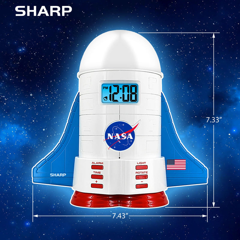 Sharp NASA Space Shuttle Night Light Alarm Clock – Wings and Booster Lights Up – Space Design Nightlight Fun with 4 Color Options and 2 Space Themes for Bedroom, Great Gift!