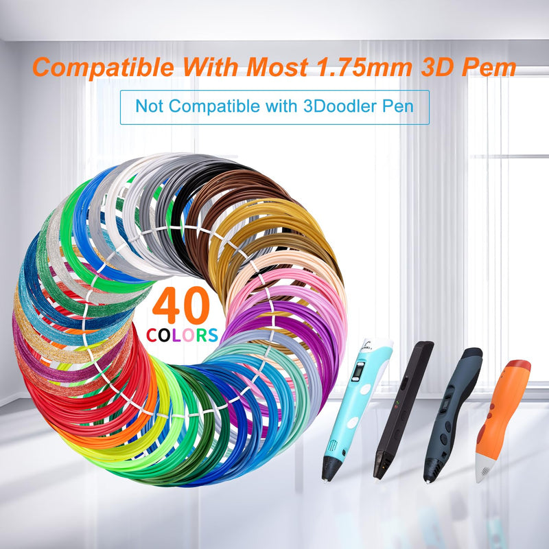 40 Colors PLA 3D Pen Filament Refills Compatible with SCRIB3D MYNT3D PIKA3D 3D Pen Most 1.75mm 3D Prining Pens NOT FIT 3Doodler Start Pen 40 Colors * 3m for Scrib3d Pika3d Mynt3d 3d Pen (1.75mm)