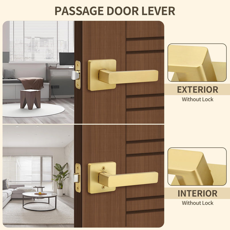 Moquin Passage Gold Door Handle Without Lock or Key, Non-Locking Heavy Duty Square Interior Door Lever for Hallway or Closet, Satin Brass 1 Pack Passage-NO Lock & NO Key
