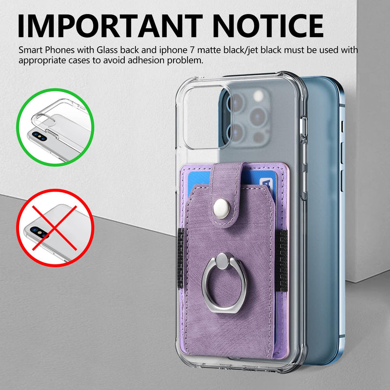 Cell Phone Card Holder with Ring Grip,Adhesive Phone Card Wallet,Purple | Holds up to 3 cards;360° ring works as grip and kickstand,Can be used on most phones or phone cases larger than 5.8 inches. Purple