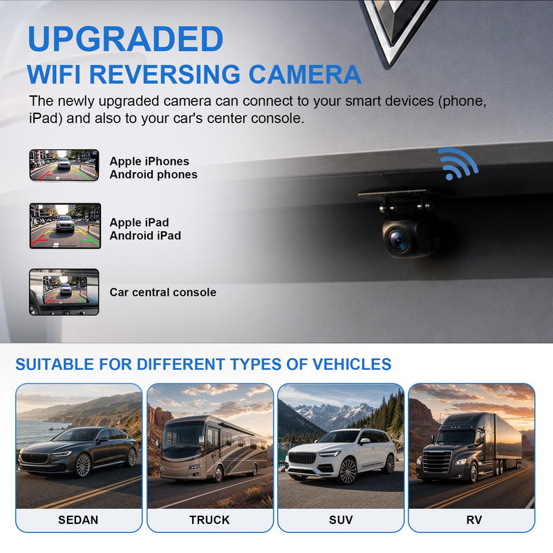 WiFi Backup Camera for Car, HD 720P Rear View Camera, 120-Degree Wide Angle Night Vision Reverse Camera with Metal Housing, IP69-Rated, for Cars, Trucks, SUVs and RVs