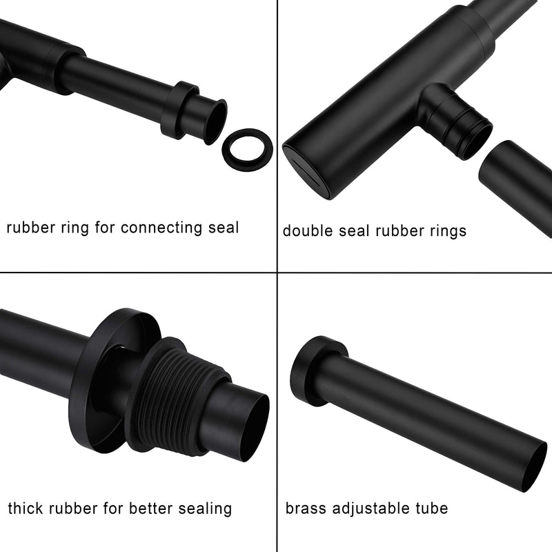 All Brass Round Bottle P Trap, 1 1/4 Bathroom Basin Sink Waste Trap Drain Tube Kit Extra Long Slip Joint Extension Tube Tailpiece for Sink Drain, Adjustable Height Matte Black