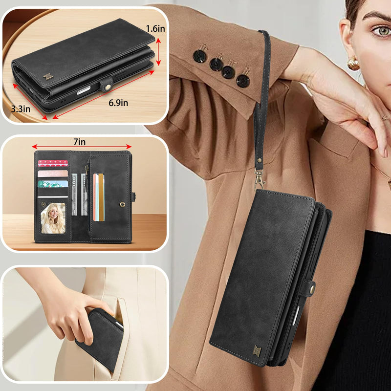 for Wallet Case Compatible with iPhone 17 Pro Max,Multi-Function Detachable 2 in 1 Magnetic iPhone 17ProMax Case Wallet,Flip Strap Zipper Card Holder Phone Case with Shoulder Strap(Darkgray) DarkGray