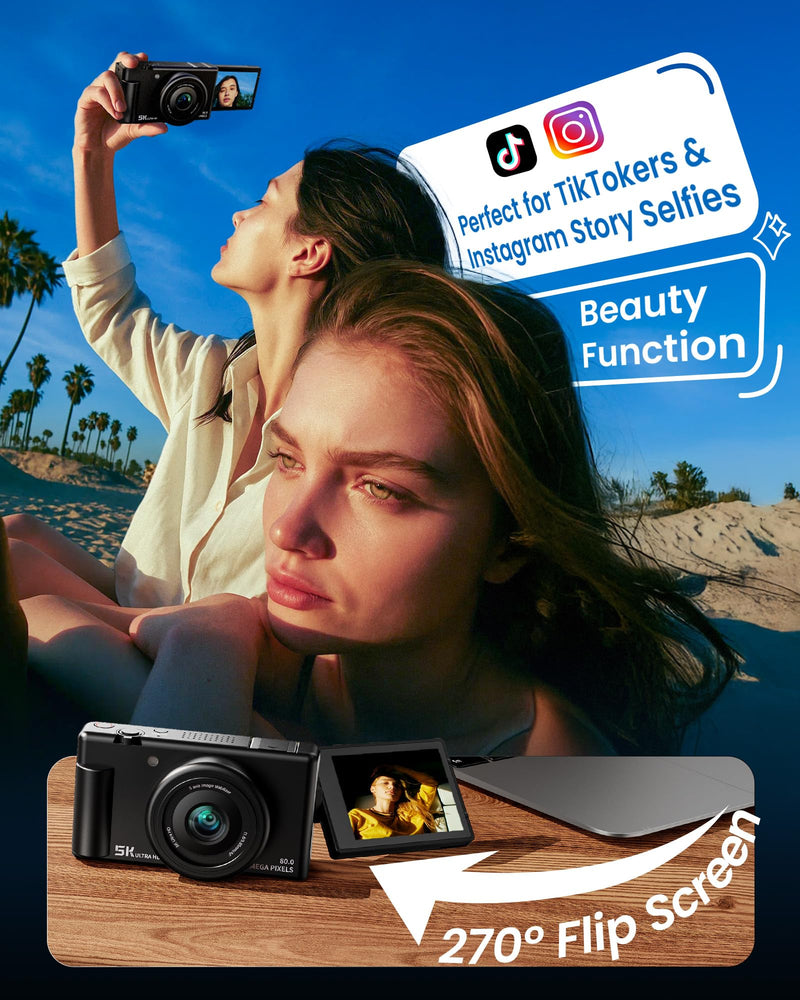 True 5K Digital Camera for Photography, Autofocus 80MP with 18X Digital Zoom, 3" 270° Flip Screen Selfie Camera for YouTube Vlogging & Content Creation, 2 Batteries, 32GB Card & Flash，Black Black