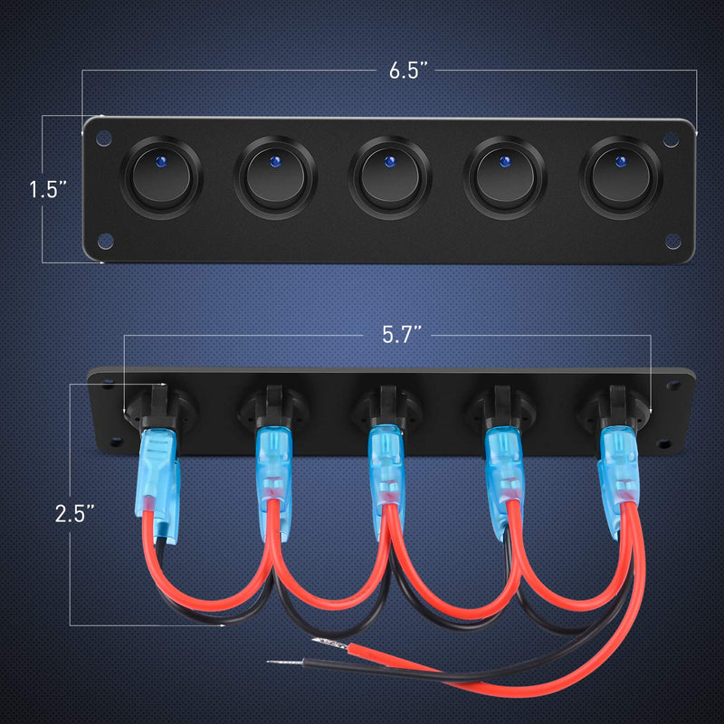 Nilight 5 Gang 3 Pin Rocker Switch Panel Waterproof On-Off Toggle Switches for Car Vehicle Trailer Truck SUV Marine Boat RV Ship 12V/24V 20A Blue