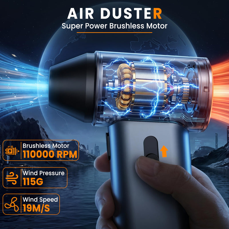 Compressed Air Duster,110,000RPM Super Power 6-Speed Adjustable Rechargeable Cordless Electric Air Duster,Mini Air Blower for PC Keyboard Car Home Cleaning