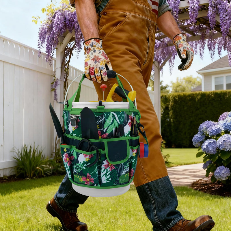 KUNN Bucket Tool Organizer 5 Gallon 18-Pocket Gardening Tool Bag with Hangable Handle | Garden Caddy & Bucket Accessory, Green Green Leaf