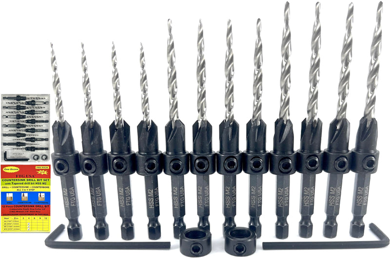 FTG USA Countersink Drill Bit Set 4 Pc #6(9/64"), 4 Pc #8(11/64"), 4Pc #10(3/16") with Tapered Drill Bits for Woodwork with Storage Container #6#8#10 4 Pc with Depth Stop