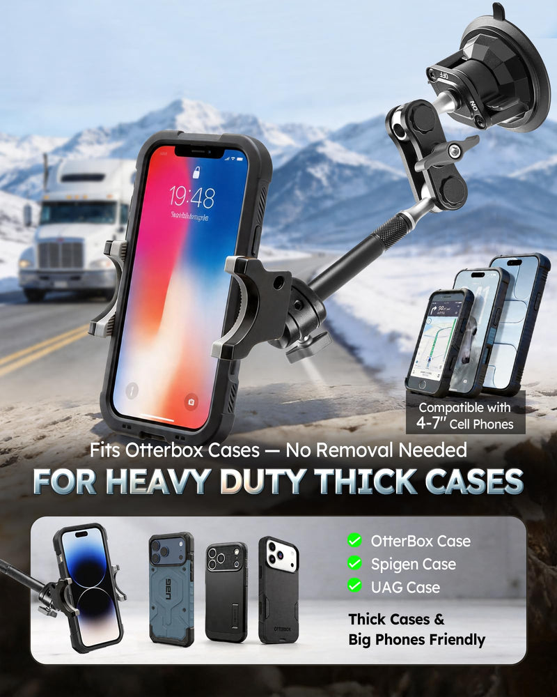 Semi Truck Phone Mount for Drivers, 360° Anti-Shake with Extension Rod | Class 8 Cab Suction Mount, Ultra-durable Metal, Fits Most Smartphones or Kenworth, Peterbilt, Freightliner Extended black