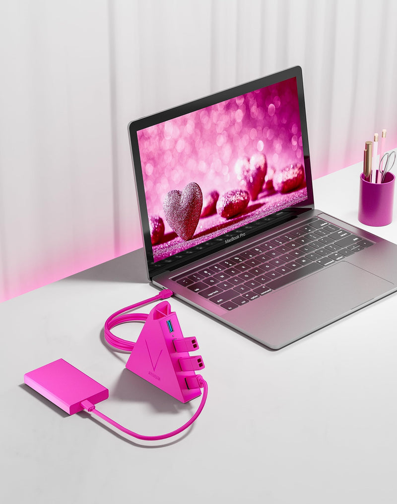 USB Hub 3.0, JoyReken 4-Port USB Splitter for Laptop, Ps4 Keyboard and Mouse Adapter Compatible with Xbox, PC, MacBook, Surface Pro, Flash Drive, HDD, Console, Printer, Camera,Keyborad,Mouse, Hot Pink 2ft Hot Pink USB A HUb