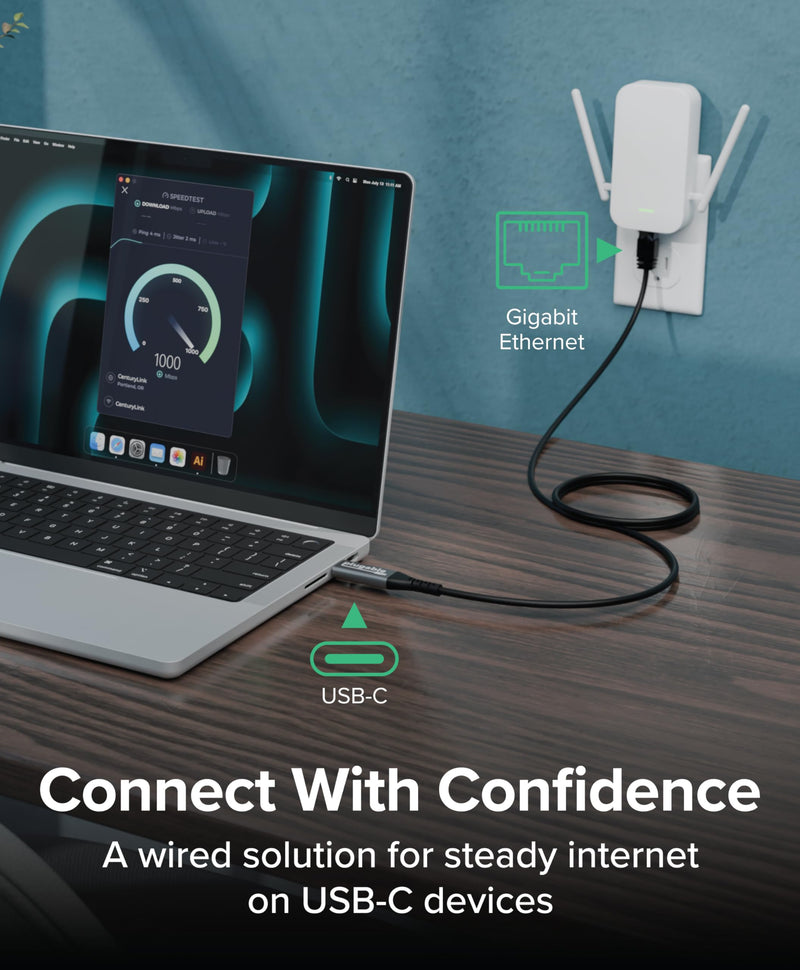 Plugable USB C to Ethernet Cable: USBC to RJ45 Ethernet Cord, Directly Connected LAN Gigabit Network Adapter for MacBook Pro, iPad Pro, iPhone 15/16, Laptop, USB4/Thunderbolt Compatible, 2m 6.6ft