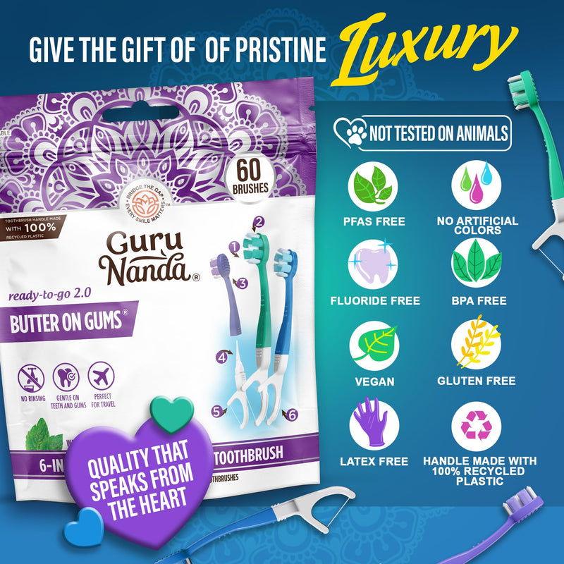 GuruNanda Mini Disposable Toothbrushes with Toothpaste, Tongue Scraper, Floss & Toothpick - 6-in-1 Ready-to-Go Prepasted Travel Toothbrush - Fluoride Free, No Rinsing, Individually Wrapped, 60 Ct 60 Count (Pack of 1)