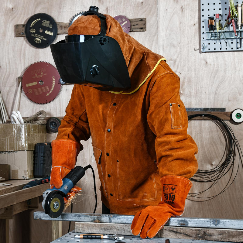 Welding Hood Leather - Cowhide Split Leather Welding Caps Protector with Neck Shoulder Drape - Full Head Cover Protection for Men & Women, Brown