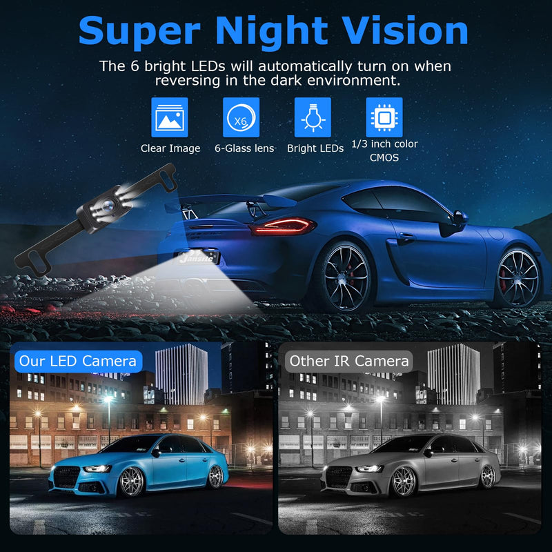 【Stable Image】 1080P Wireless Back Up Camera Systems for Car 5'' Backup Camera for Car 6 LED License Plate Rear View Reverse Camera Truck Trailer RV Pickup Minivan DIY Guide Lines Waterproof