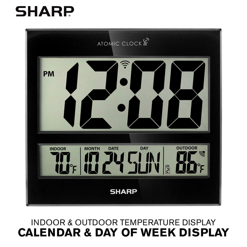 Sharp Atomic Clock – Never Needs Setting, Jumbo 3” Easy-Read Display, Indoor & Outdoor Temperature with Wireless Sensor, Large Digital Wall or Desk Clock, Battery Operated, Auto Atomic Time Sync