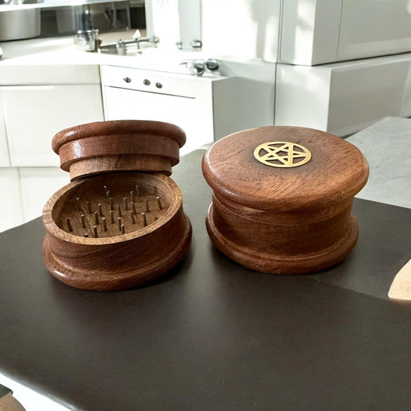 Wood Food Spice Herb Grinder Wooden Brass Inlay Pentagram, 3 inch