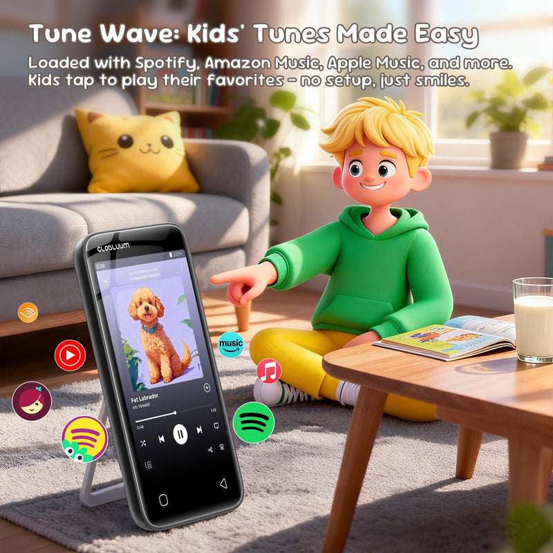 MP3 Player for Kids, Parental Controls, 16GB, Supports Spotify and Audible, Bluetooth and WiFi(Glossy Black) Glossy Black