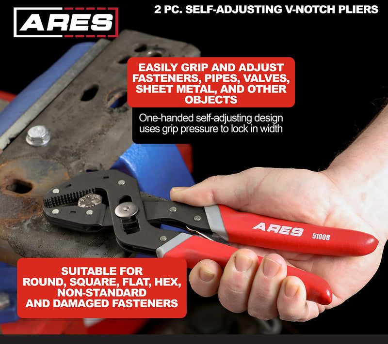 ARES 51009 – 2-Piece Self-Adjusting V-Notch Pliers Set – 7-Inch and 10-Inch Pliers - Maximum Opening Sizes of 1-5/8 Inches (42mm) and 2-3/8 Inches (60mm) – Perfect for Plumbing, Pipe, or Fastener Work 7-inch & 10-inch V-notch Pliers (2-piece)