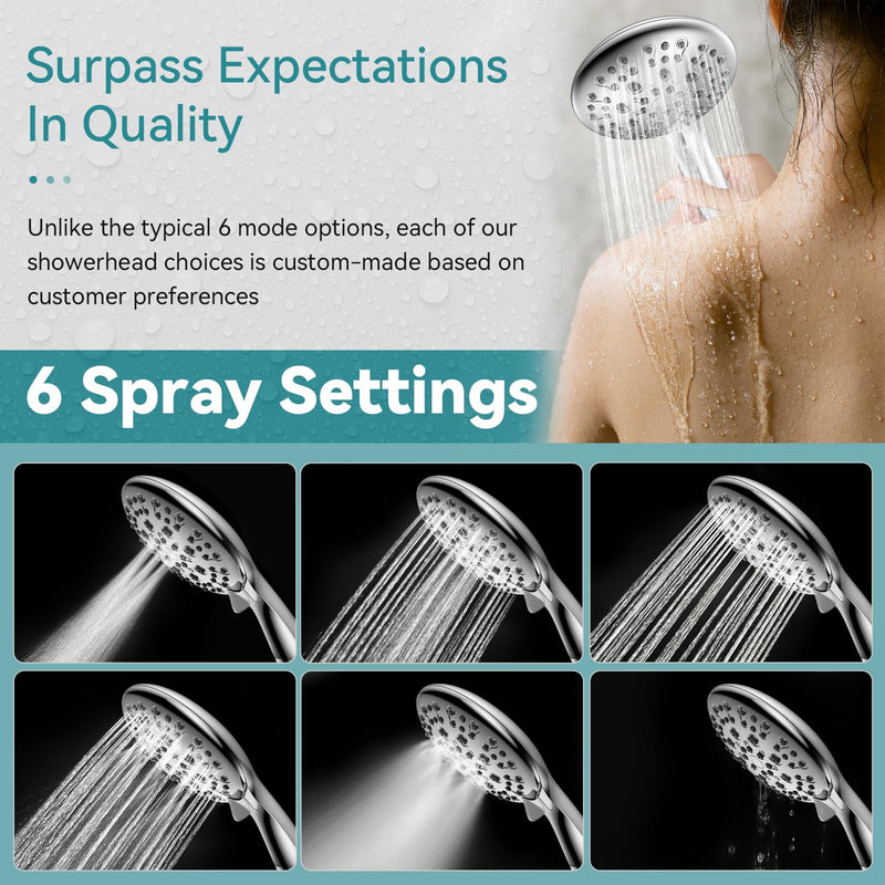 High Pressure Shower Head with Handheld, JDO 6 Spray Settings Handheld Showerhead, 4.3" High Flow Rain Showerhead Set with 59" Stainless Steel Hose and Adjustable Bracket for Bathroom, Gym, Hotel Chrome