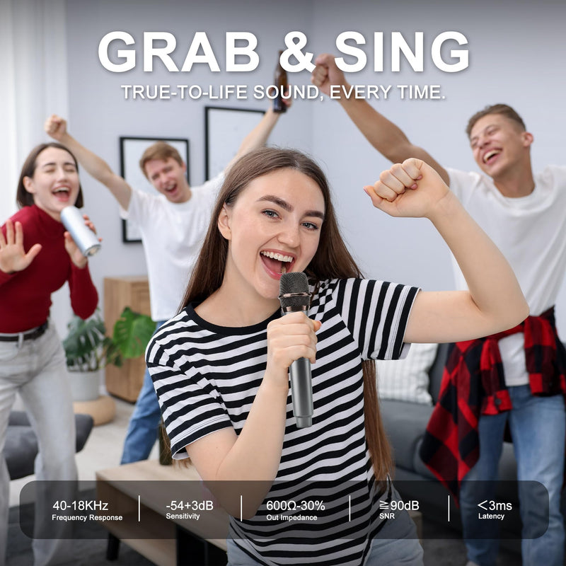 Wireless Microphone, Dual Handheld Dynamic Mics with Rechargeable Receiver, 200ft Range, 12H Duration, Portable Karaokee Microphone for Singing, Speaking & Wedding