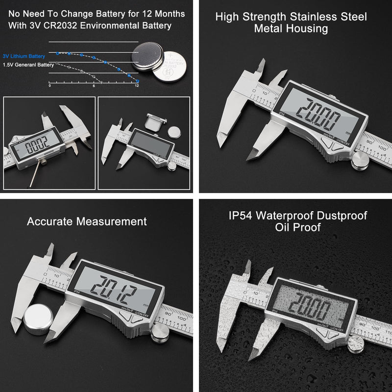 Adoric Digital Caliper, Caliper Measuring Tool Stainless Steel Vernier Caliper Digital Micrometer with Large LCD Screen, Easy Switch from Inch Metric Fraction, 0-6" Caliper Tool for DIY/Household 6" SS-Large LCD