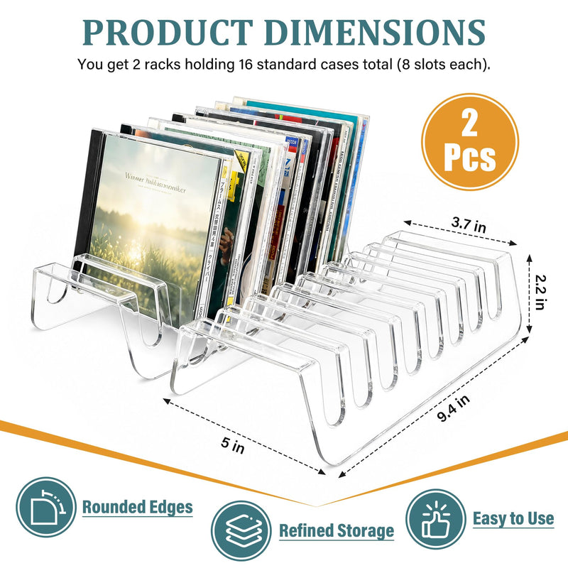 2 Pcs Clear Acrylic CD Holder, DVD/CD Display Rack & CD Storage Box & Vinyl Record Storage Stand Holds up to 14 Standard CD Cases for Media Shelf Storage and Organization
