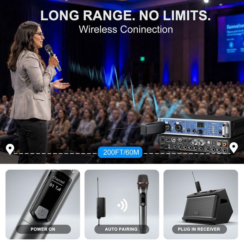 Wireless Microphone, Dual Handheld Dynamic Mics with Rechargeable Receiver, 200ft Range, 12H Duration, Portable Karaokee Microphone for Singing, Speaking & Wedding