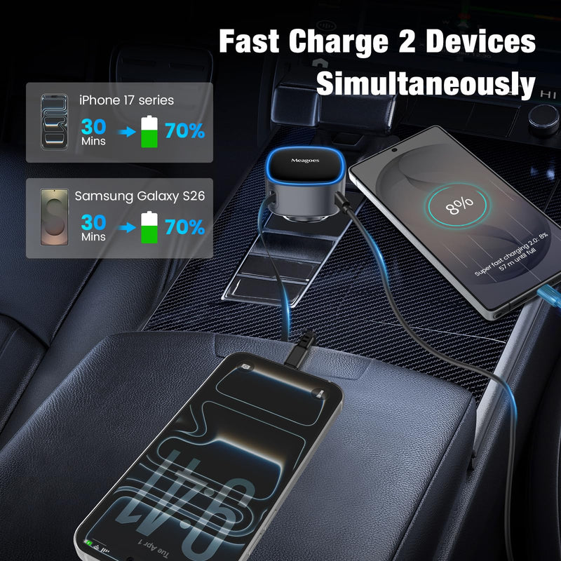 90W Retractable Car Charger USB C Super Fast Charging for iPhone 17 Pro Max | Dual 45W PPS Cigarette Lighter Adapter Plug,for iPhone 16/15/Samsung Galaxy S26/S25/USBC Android Phone,25.5-Inch Type C Cable USB Type C