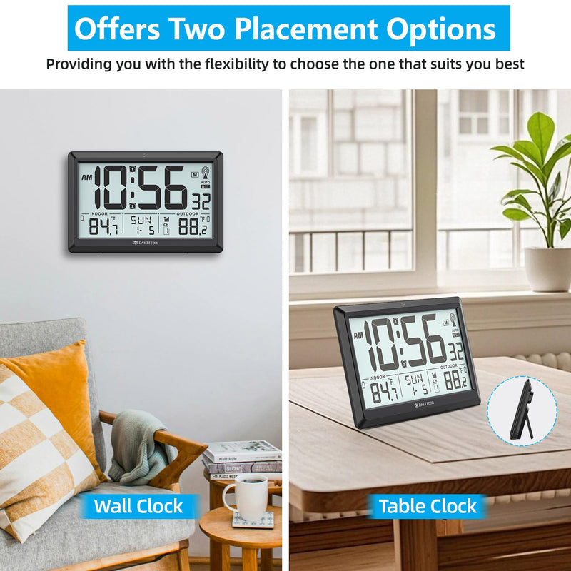 Atomic Clock Wall with Indoor/Outdoor Temp, Battery Operated Digital Wall Clock with 10.5" Large LCD Display, 330ft Range Desk Table Clock with Alarm, DST, Calendar for Living Room Bedrooms, Black