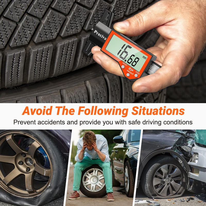 Preciva Tire Tread Depth Gauge, Digital Tire Depth Gauge with Large LCD Display and Inches, Millimeters, Fraction Conversion, Tread Depth Gauge Suitable for Thread Depth, Brake Shoe and Pad Wear Orange