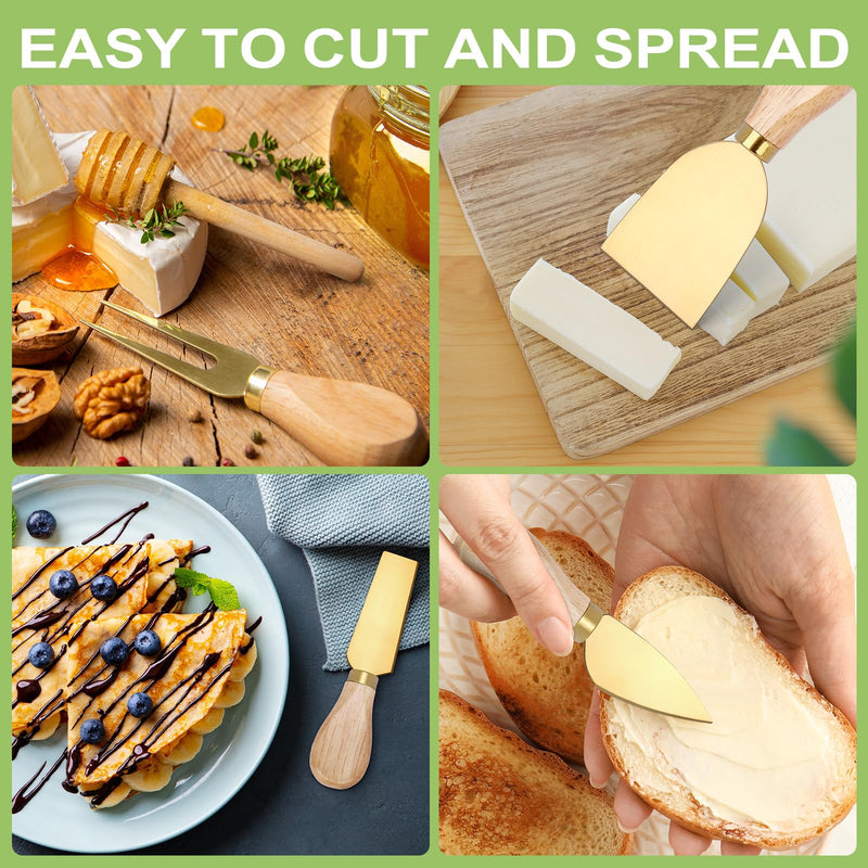 98 Pcs Charcuterie Board Accessories, Stainless Steel Cheese Spreaders with Wooden Handle Forks Spoons Mini Serving Tongs Honey Dippers Sauce Cups Toothpick Flags Charcuterie Utensils, Gold