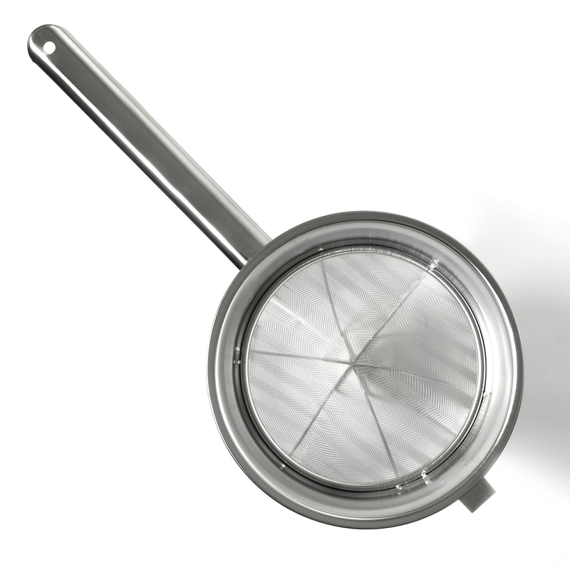 Bouillon Strainer - Stainless Steel Fine Mesh Metal Food Chinois, Cone Separator, Kitchen Colander Sieve for Sauce Jam Jelly Tea, 8" - With Spatula