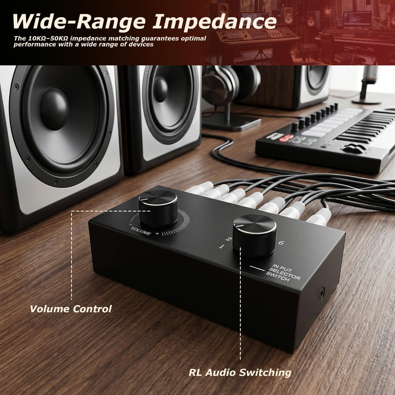 RCA Audio Switcher, 6 in 1 Out Audio Selector, 6 Channel Passive Stereo Selector Box, Metal Case, Plug-and-Play, Volume Control for Hi-Fi Systems