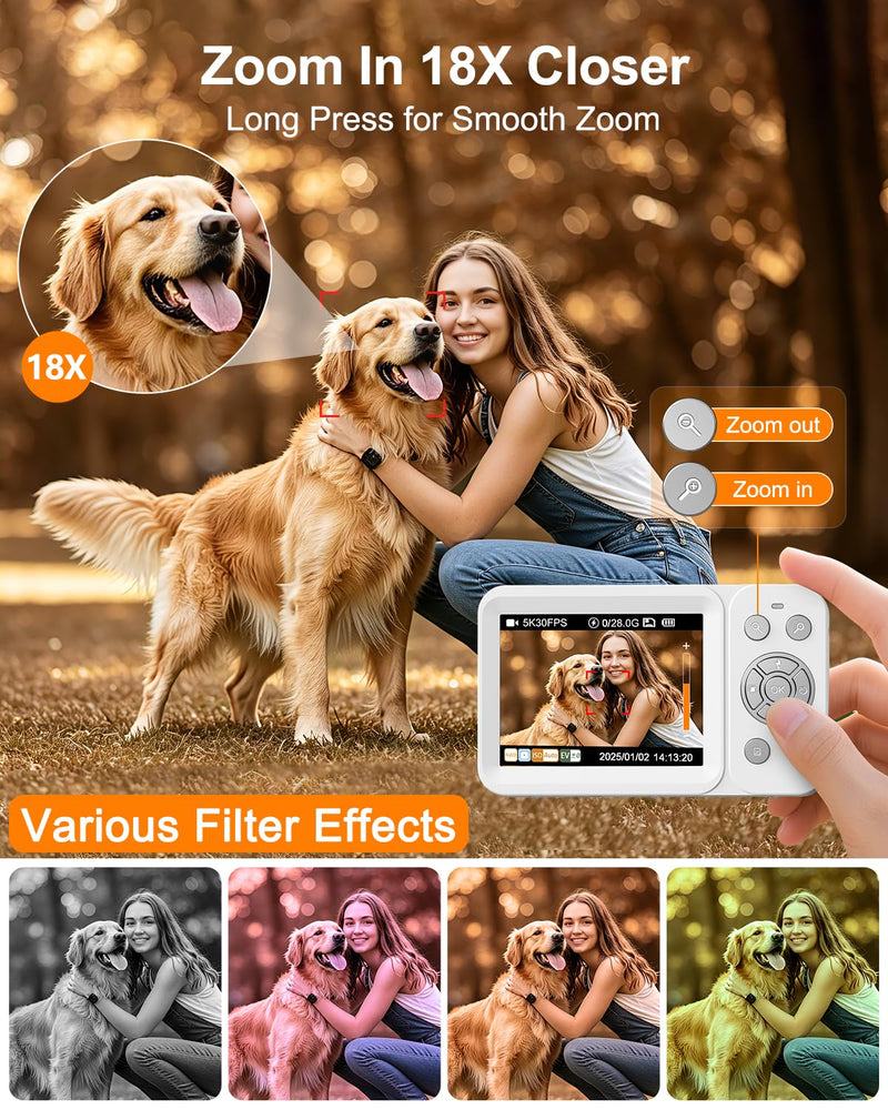Digital Camera, 5K 80MP Dual Screen, Auto Focus for Beginners Teens | Point and Shoot Camera with 18X Zoom, 32GB Card & 2 Batteries, Great Travel Vlogging Camera for YouTube, White