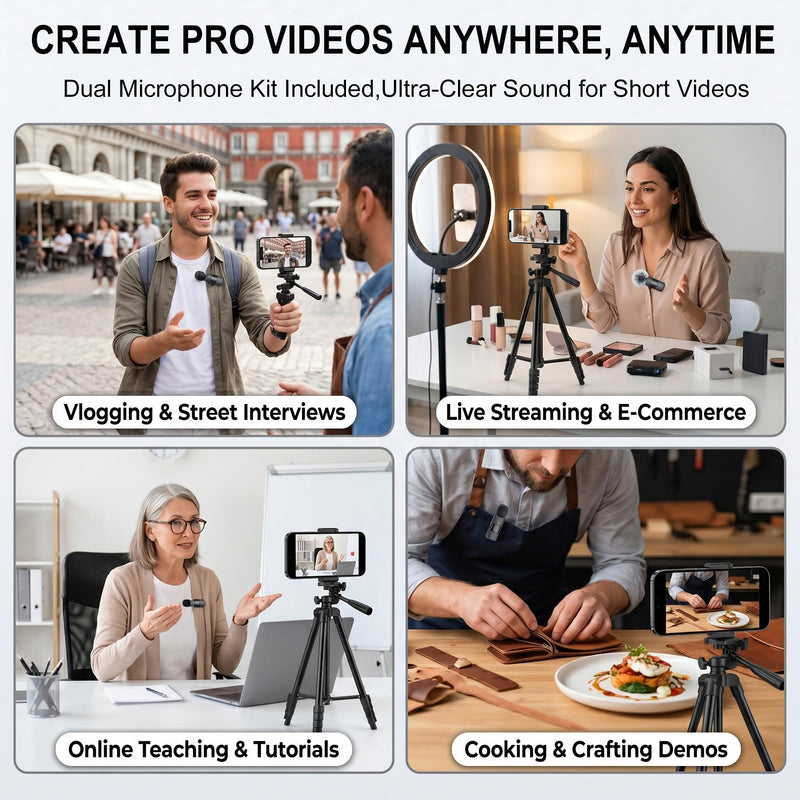 3-in-1 Professional Wireless Lavalier Microphone for iPhone Android Camera, 2-Pack Universal Clip-on Lapel Mic for Video Recording, YouTube Podcast Vlog TikTok Live Streaming, Content Creator