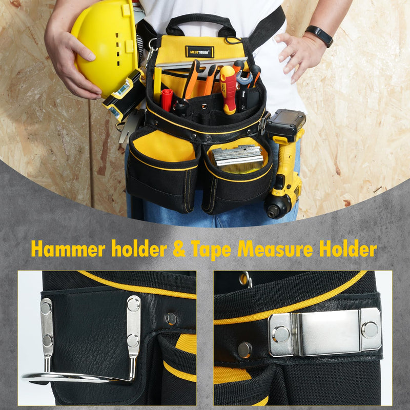 MELOTOUGH Carpenter Tool Pouch with 10 Pockets,Electrician,Framer Belt Bag,with Belt Clip，Tool Belt Pouch with Hammer Holder for Roofers,Constructors,Handyman,Electrician