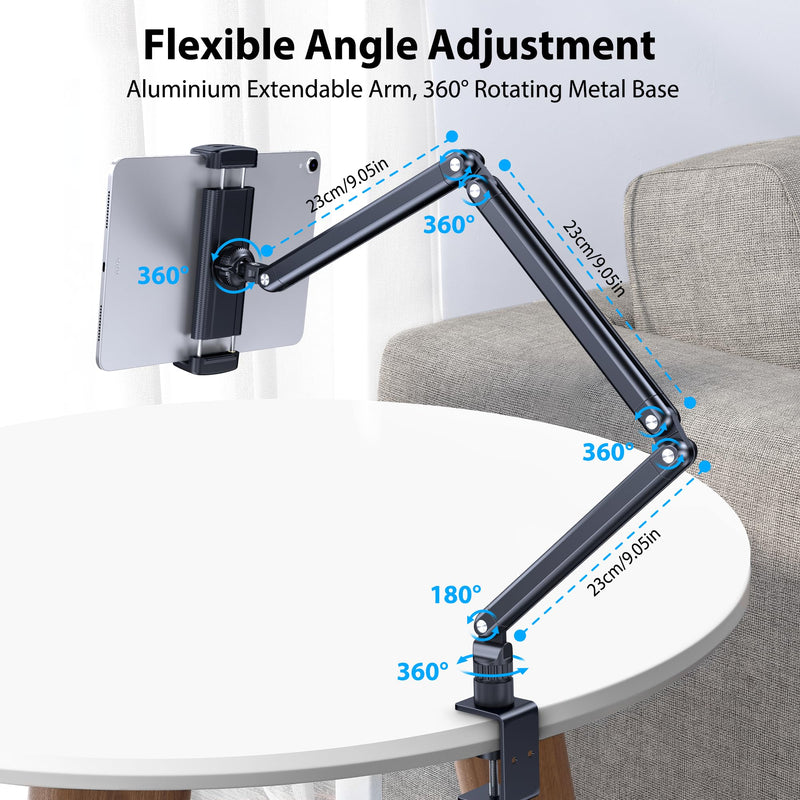 Tablet Desk Stand Holder, Extendable Arm Table Mount for iPad, Aluminum 360° Rotating Bracket with Metal Base, Compatible with 4.7-13 Inch Tablets, Phones, Samsung Galaxy, Kindle Fire HD Tablet Desk Mount
