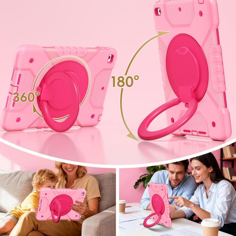 Case for iPad 9th/8th/7th Generation 10.2 inch, Shockproof Cover with Screen Protector/360° Rotate Stand/Pencil Holder/Shoulder Strap, Kids Case for iPad 2021/2020/2019 (Pink+Rose Red) Pink+Rose Red Case for iPad 9th/8th/7th Generation