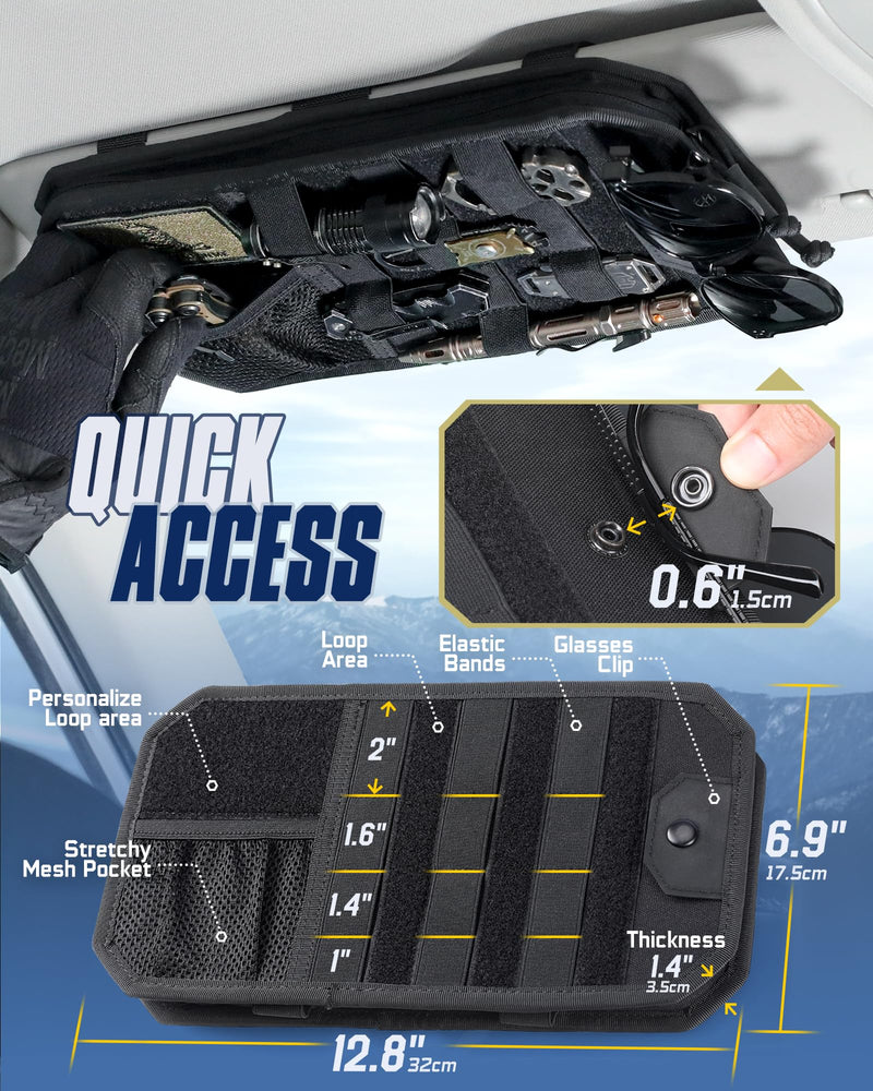 WYNEX Molle Car Sun Visor Organizer, Original Design Car Accessories with Zipper Visor Storage Pouch & Glasses Clip, Semi-Rigid Molle Panel for Tactical Gears, Fits Most Vehicles, SUVs, Trucks Black