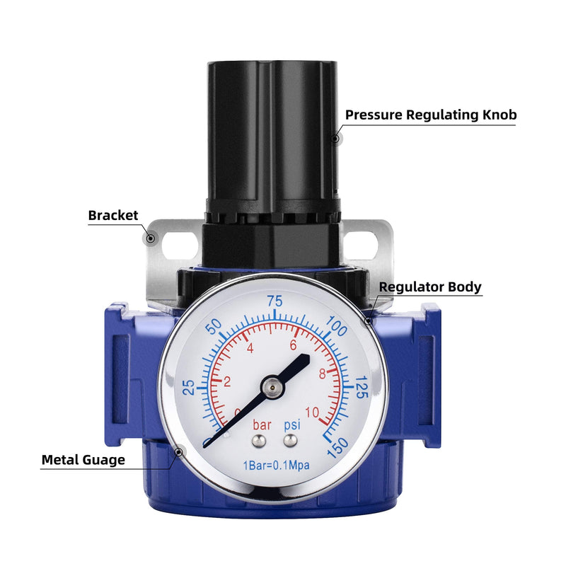NANPU 1/2" NPT Compressed Air Regulator, Zinc Alloy Body, 150 psi Copper Core Steel-Protected Dial Gauge ＆ Metal Bracket, for Air Compressor ＆ Pneumatic Tools