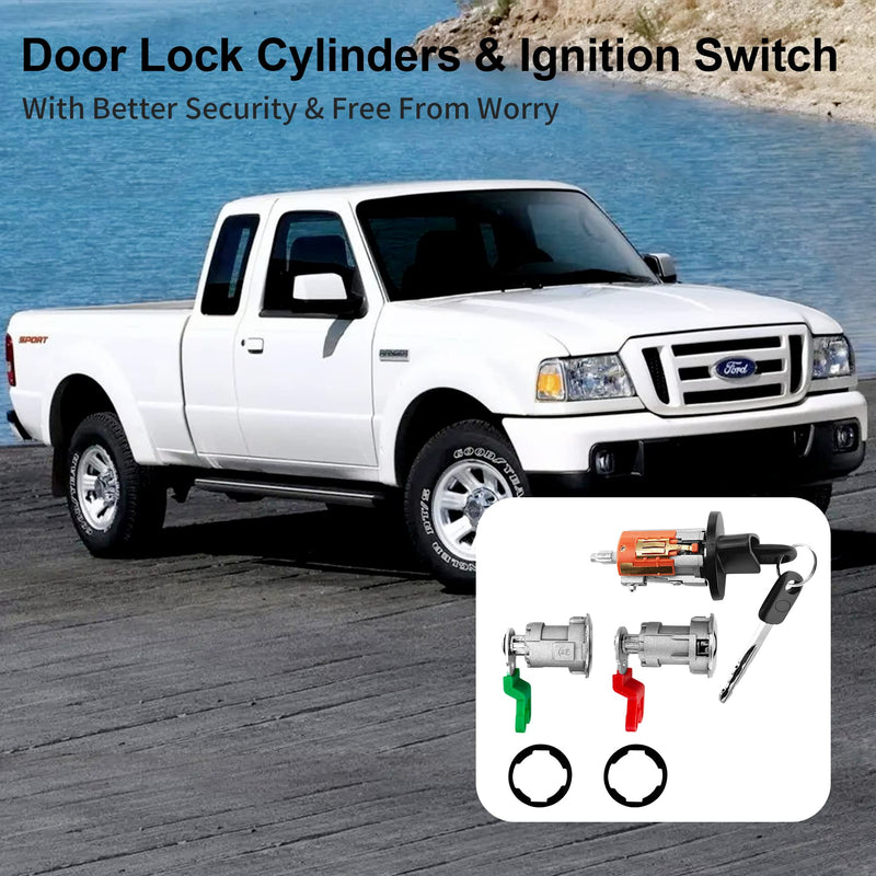Door Lock Cylinders & Ignition Switch with Keys, Compatible with 97-08 Ford E150/250/350, 97-07 Ranger, 97-03 Explorer, 01-05 Explorer Sport Trac & More, Replace# LC6177, DL5886 X2, 597638 (No chip) LC6177 + DL5886 X2 + 597638