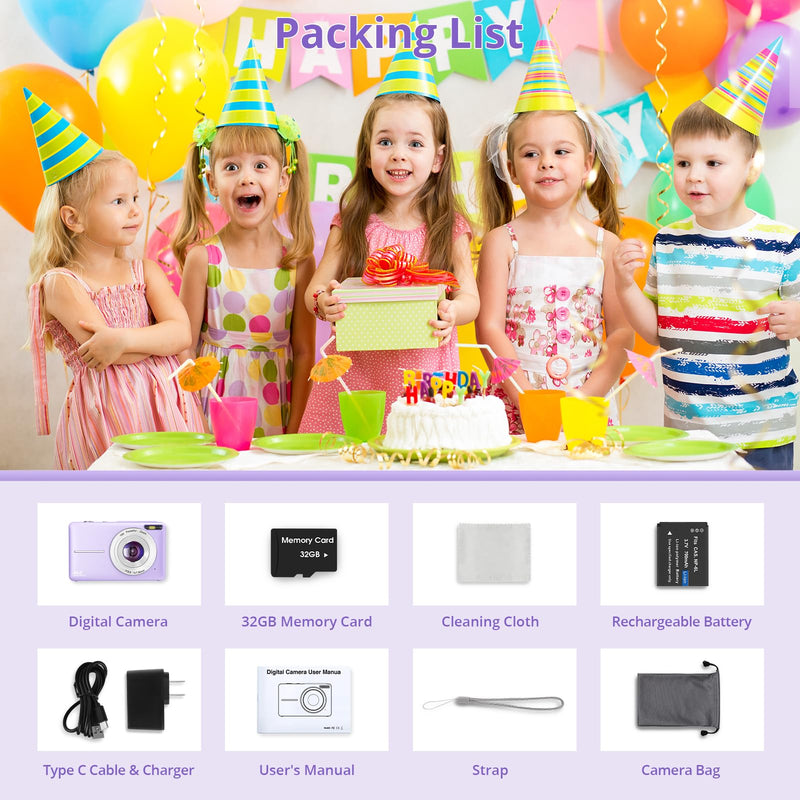 Digital Camera, 1080P 44MP Digital Cameras for Photography, Digital Point and Shoot Camera for Kids with 16X Zoom, Anti-Shake, Compact Small Travel Camera for Boys Girls Teens, Black Purple