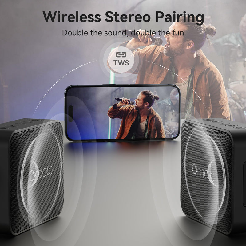 Oraolo Bluetooth Speaker, IPX7 Waterproof Portable with Stereo Sound, Bluetooth 5.4, TWS Pairing, Support AUX/TF Card, Small Wireless Speaker for Home, Shower, Outdoors, Travel, Black